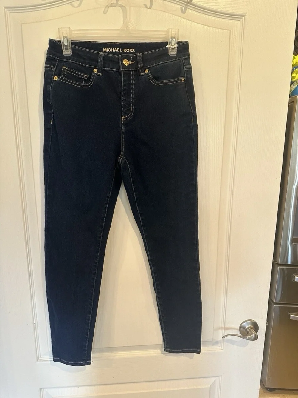Michael Kors Dark Indigo Straight-Leg Jeans with Gold Hardware